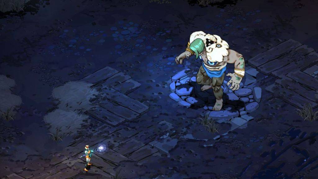 Gameplay screenshot of Melinoë fighting Cyclops Polyphemus