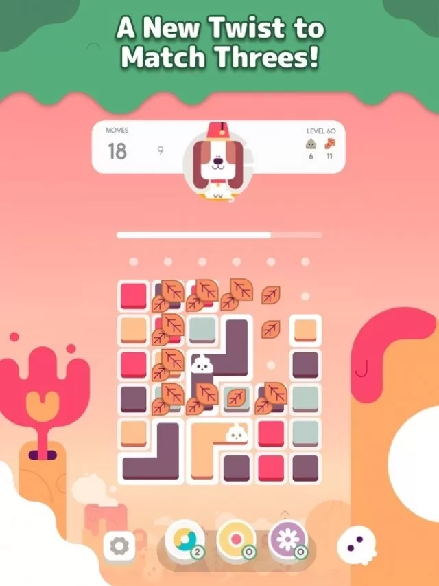 Une interface de jeu colorée montrant une tournure unique sur le gameplay classique Match-3 avec des graphiques vibrants et un adorable chien.