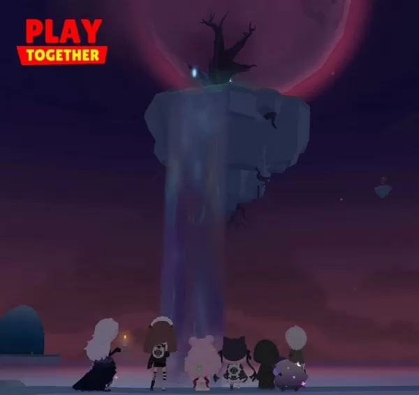A group of people looking up at a floating island with a dark purple palette, symbolizing the Nightmare update in Play Together.