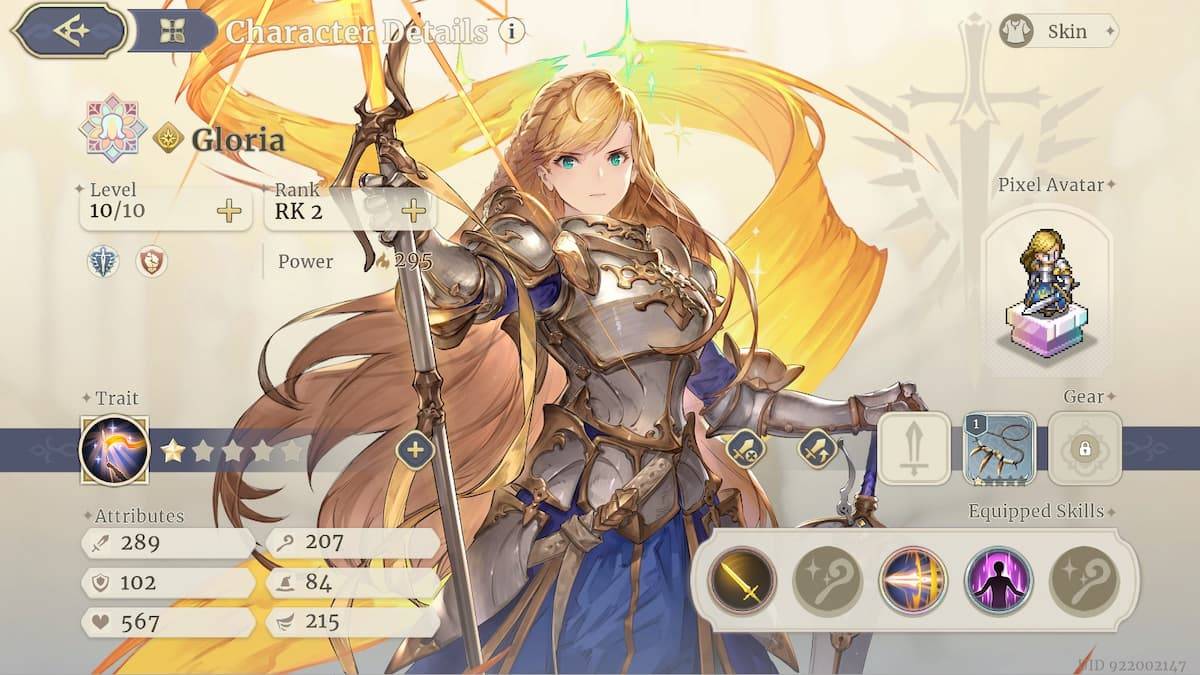 Tangkapan skrin skrin watak Gloria di Sword of Convallaria