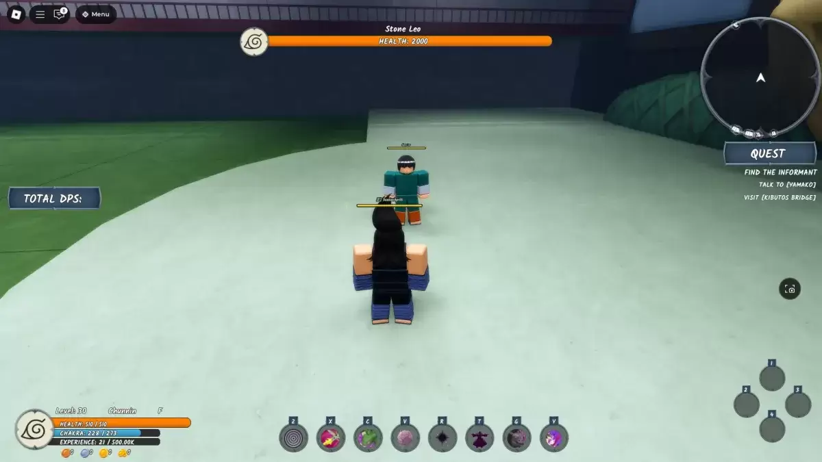 Un giocatore in piedi accanto al boss di Stone Leo Chunin Exam in Ninja Time Roblox Experience
