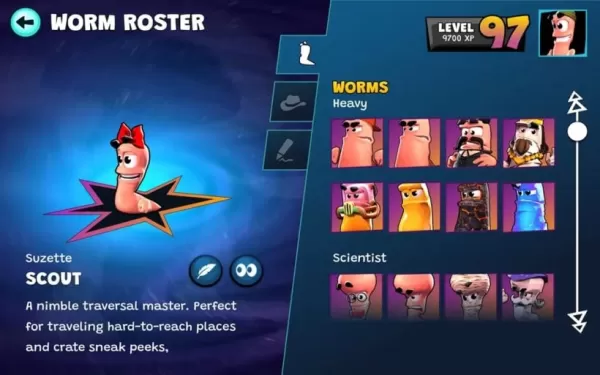 Écran de sélection de personnage montrant un protagoniste ver portant un arc parmi une grille de variantes jouables